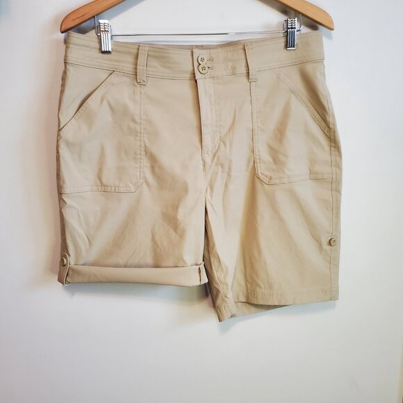 EDDIE BAUER Roll Tab Bermuda Shorts Nylon Blend Hiking Beige Tan Khaki Womens 12 - Picture 5 of 14